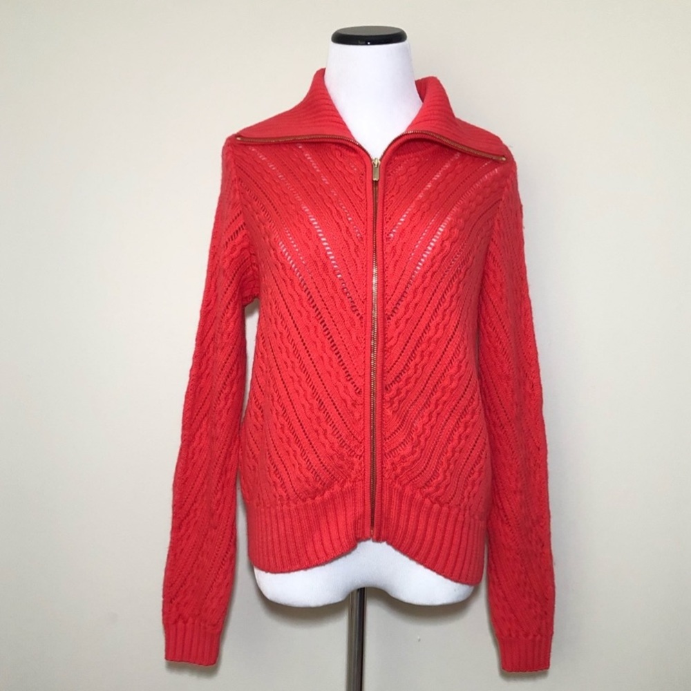 St. John Open Weave Zip Front Cardigan Sweater